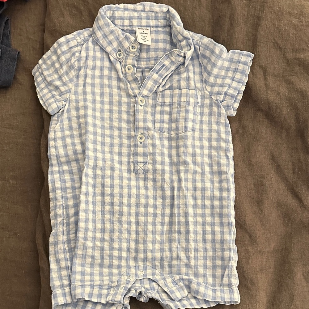 Nordstrom Light Blue and White Checkered Baby Romper